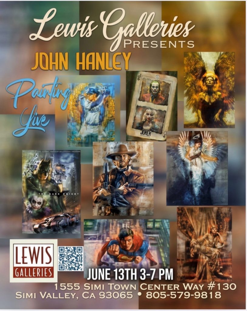 Poster for Lewis Galleries announcing John Hanley live painting event, collage of artworks across the page.
