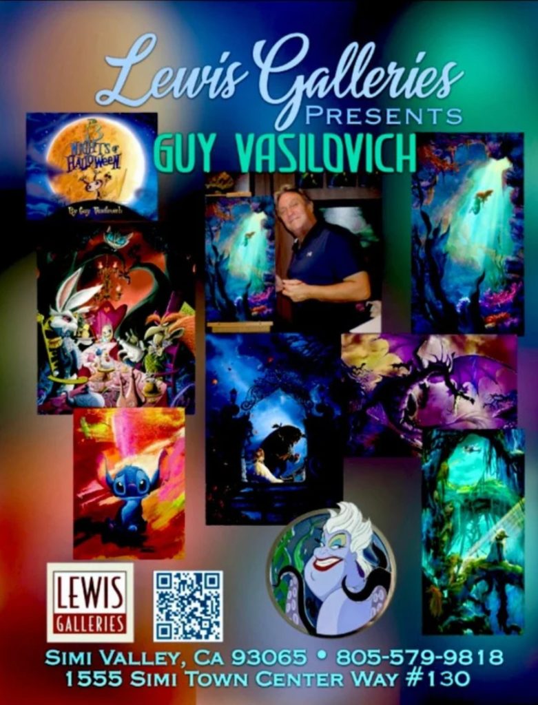 Poster for Lewis Galleries presenting artist Guy Vasilovich with colorful fantasy paintings and a photo of the artist in the center.