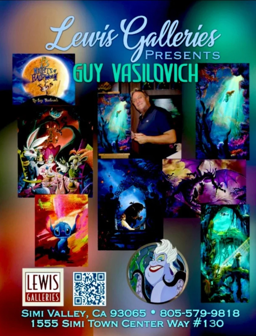 Poster for Lewis Galleries presenting artist Guy Vasilovich with colorful fantasy paintings and a photo of the artist in the center.